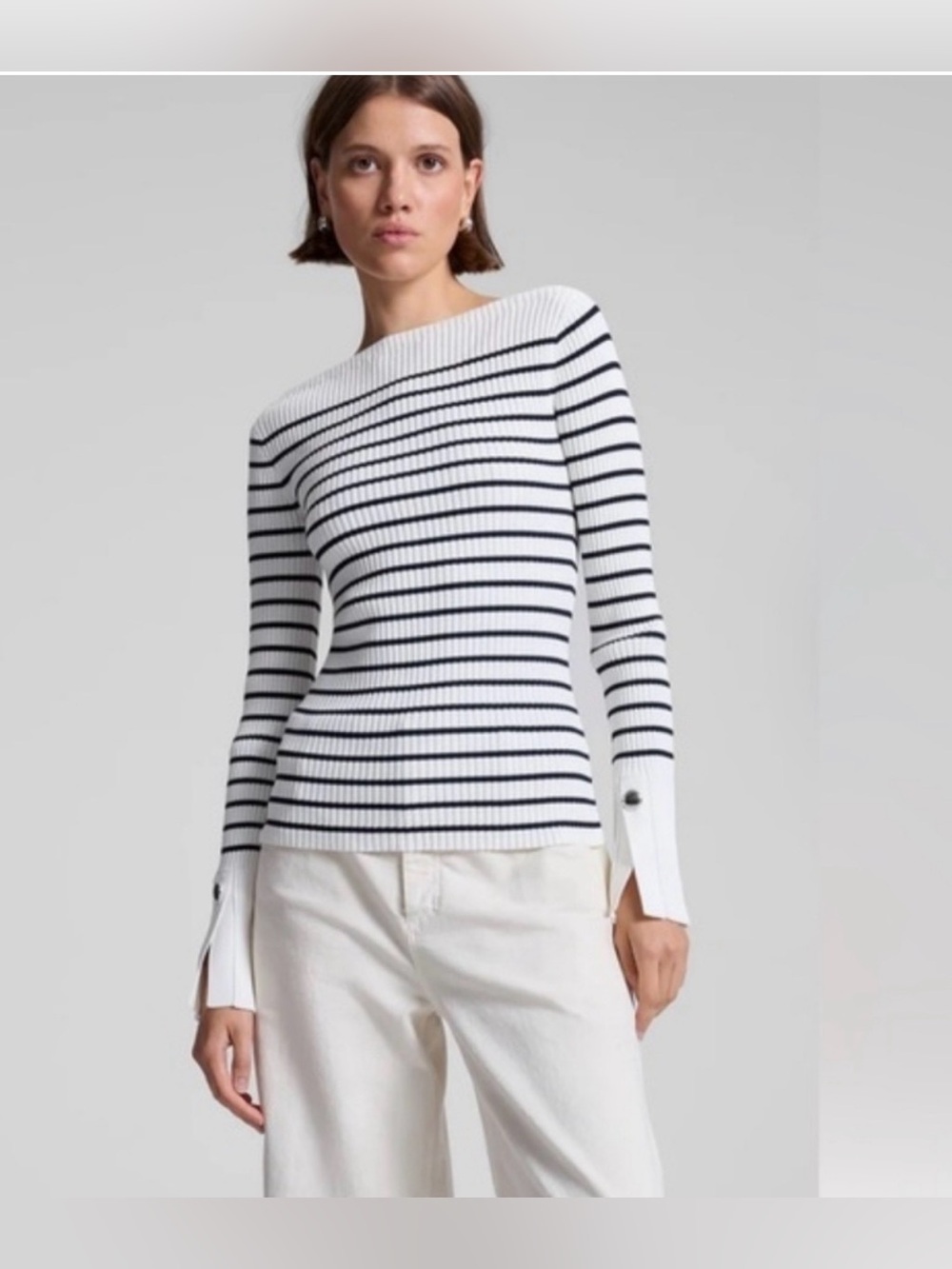 A.L.C. Anya Striped Knit Top in Off White/Dark Sapphire